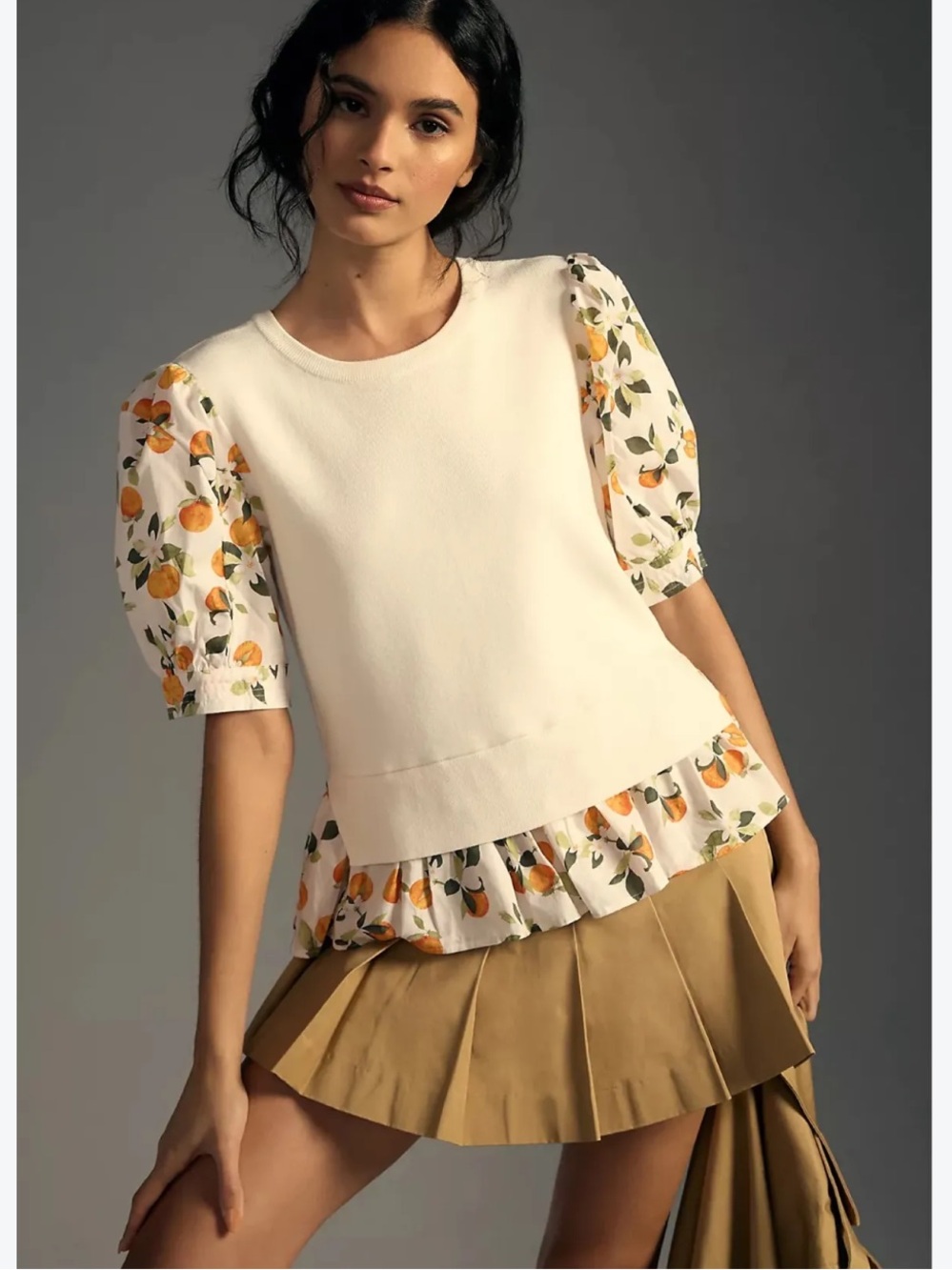 Anthropologie Citrus Print Mixed Media Peplum Top Small NWOT